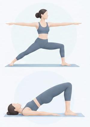 Illustration of two yoga poses, a warrior pose and a bridge